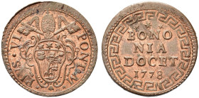 BOLOGNA. Pio VI (Giannangelo Braschi), 1775-1799 
Quattrino 1778. Æ gr. 2,74 Simile a precedente. Munt. 284; Ch. 1160; B. 3082.
Rara. FDC