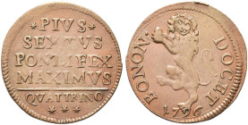 BOLOGNA. Pio VI (Giannangelo Braschi), 1775-1799 
Quattrino 1796. Æ gr. 1,97 Dr. PIUS / SEXTVS / PONTIFEX / MAXIMVS. Iscrizione su quattro righe; in ...