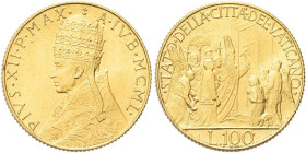 CITTA' DEL VATICANO. Pio XII (Eugenio Pacelli), 1939-1958 
100 Lire 1950 IVB. Au gr. 5,19 Dr. Busto a s. con triregno. Rv. Il Papa e la Corte davanti...