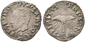 SABBIONETA. Vespasiano Gonzaga, 1541-1591 
Sesino. Mi gr. 0,58 Dr. VESP DC DVX SABLON I. Testa nuda a s. Rv. VENI SANCTE SPIRITVS. La Colomba raggian...