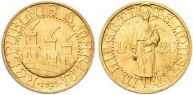 SAN MARINO. Vecchia monetazione, 1864-1938 
20 Lire 1925. Au gr. 6,43 Dr. REPUBBLICA S MARINO. Tre torri piumate e cinta merlata; sotto, data. Rv. IN...