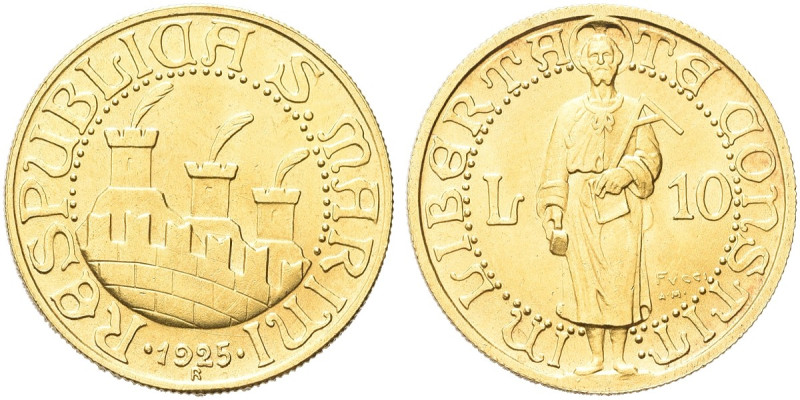 SAN MARINO. Vecchia monetazione, 1864-1938 
10 Lire 1925. Au gr. 3,22 Simile a ...