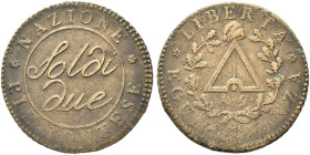 TORINO. Repubblica Piemontese, 1798-1799 
2 Soldi a. 9, bordo rigato obliquo. Æ gr. 10,76 Dr. Valore su due righe. Rv. Archipenzolo sormontato da pil...