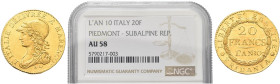 TORINO. Repubblica Subalpina, 1800-1802 
20 Franchi an. 10 A’ MARENCO (1800-1801). Au gr. 6,44 Simile a precedente. Pag. 4a; Gig. 2a; Fried. 1172.
R...