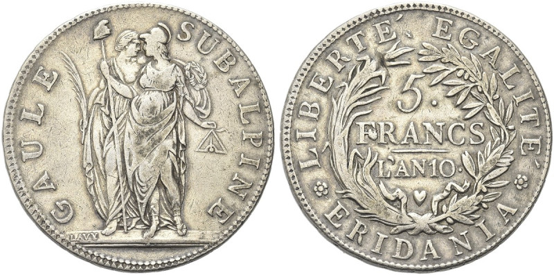 TORINO. Repubblica Subalpina, 1800-1802 
5 Franchi an. 10 (1802). Ag gr. 24,73 ...