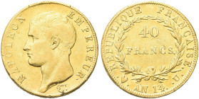 TORINO. Napoleone I Imperatore, 1804-1814 e 1815 
40 Franchi an. 14, zecca di Torino. Au Dr. Testa nuda a s. Rv. Valore tra due rami di alloro. Pag. ...