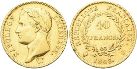 TORINO. Napoleone I Imperatore, 1804-1814 e 1815 
40 Franchi 1808, zecca di Torino. Au gr. 12,79 Dr. NAPOLEON EMPEREUR. Testa nuda a s. Rv. REPUBLIQU...