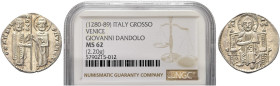 VENEZIA. Giovanni Dandolo Doge XLVIII, 1280-1289 
Grosso. Ag gr. 2,21 Dr. IO DANDVL - DVX SM VENETI. Simile a precedente. Paolucci 2.
In slab NGC MS...