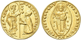 VENEZIA. Pietro Gradenigo Doge XLIX, 1289-1311 
Ducato. Au gr. 3,53 Dr. PE GRADONICO - S M VENETI. San Marco stante verso s., porge il vessillo al Do...