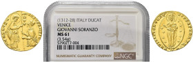 VENEZIA. Giovanni Soranzo Doge LI, 1312-1328 
Ducato. Au gr. 3,55 Dr. IO SVPANTIO - S M VENETI. Simile a precedenti. Paolucci 1; Fried. 1218.
Molto ...