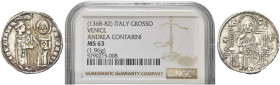 VENEZIA. Andrea Contarini Doge LX, 1368-1382 
Grosso, II Tipo. Ag gr. 1,95 Dr. ANDR 9OTARINO S M VENETI. San Marco porge il vessillo al Doge stante d...