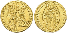 VENEZIA. Michele Morosini Doge LXI, 1382 
Ducato. Au gr. 3,54 Dr. MIChL MAVROC - S M VENETI. Simile a precedenti. Paolucci 1; Fried. 1228.
Molto Rar...