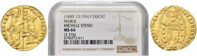 VENEZIA. Michele Steno Doge LXIII, 1400-1413 
Ducato. Au gr. 3,39 Dr. MIChAEL STeN - S M VENETI. Simile a precedenti. Paolucci 1; Fried. 1230.
In sl...