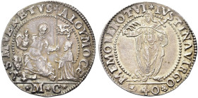 VENEZIA. Alvise I Mocenigo Doge LXXXV, 1570-1577 
40 Soldi con Santa Giustina. Ag gr. 9,05 Dr. ALOY MOCE S M VENETVS. San Marco, seduto di fronte, be...