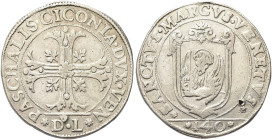 VENEZIA. Pasquale Cicogna Doge LXXXVIII, 1585-1595 
Scudo della croce da 140 Soldi, sigle D L. Ag gr. 31,28 Dr. PASCALIS CICONIA DVX VEN. Croce fogli...