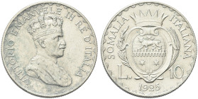 COLONIA SOMALA. Vittorio Emanuele III, 1909-1925 
10 Lire 1925 Roma. Ag Dr. Semibusto del sovrano con manto di ermellino e testa coronata, rivolto a ...