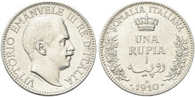COLONIA SOMALA. Vittorio Emanuele III, 1909-1925 
Rupia 1910 Roma. Ag Dr. Testa scoperta del sovrano rivolta a d. Rv. Al centro, su più righe, corona...