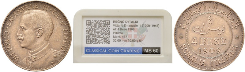 COLONIA SOMALA. Vittorio Emanuele III, 1909-1925 
4 Bese 1909 PROVA Roma. Cu Dr...