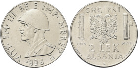REGNO D’ALBANIA. Vittorio Emanuele III, 1939-1943 
2 Lek 1939 a. XVIII Roma PROVA. Ac Dr. Testa del sovrano rivolta a s. Rv. Tra due fasci aquila bic...