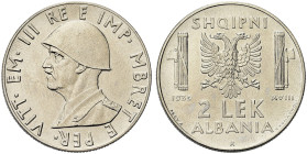REGNO D’ALBANIA. Vittorio Emanuele III, 1939-1943 
2 Lek 1939 a. XVIII Roma PROVA. Ac Come precedente. Pagani P.P. 408; Mont. 806; Luppino PP321.
Ra...
