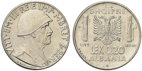 REGNO D’ALBANIA. Vittorio Emanuele III, 1939-1943 
0,20 Lek 1939 a. XVIII Roma PROVA. Ac Come precente. Rv. Aquila araldica bicipite in posizione fro...