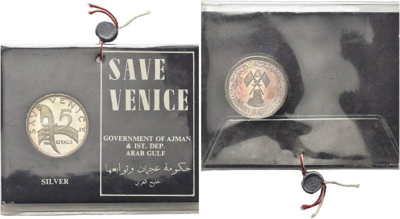 AJMAN. Rashid Bin Humaid al-Nuaimi, 1928-1981 
5 Riyals 1971 Save Venice. Ag Dr...