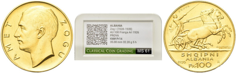 ALBANIA. Re Zogu I, 1925-1939 
100 Franga Ari 1926 PROVA, zecca di Roma. Au gr....