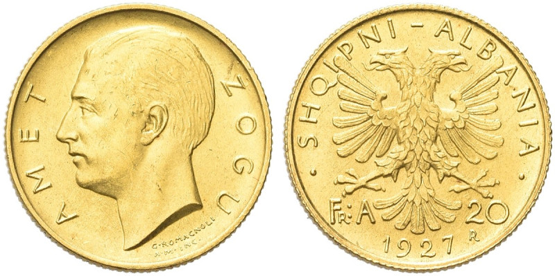 ALBANIA. Re Zogu I, 1925-1939 
20 Franga Ari 1927, zecca di Roma. Au gr. 6,45 D...