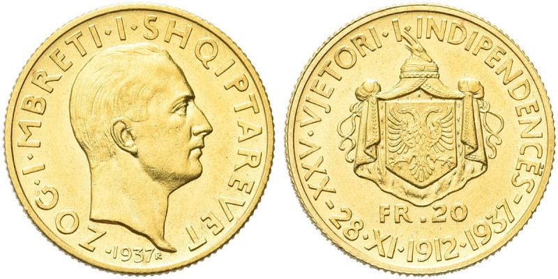 ALBANIA. Re Zogu I, 1925-1939 
20 Franga Ari 1937. Au gr. 6,44 Dr. Testa nuda a...
