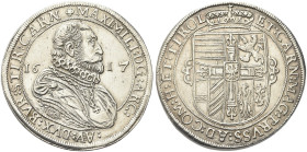 AUSTRIA. Massimiliano Arciduca, 1612-1618 
Tallero 1617, Hall. Ag gr. 28,38 Dr. MAXIMILI D G ARC - AV DVX BVR STIR CARN. Busto corazzato a d.; ai lat...