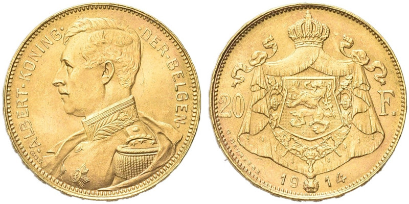 BELGIO. Alberto I, 1909-1934 
20 Franchi 1914 KONING DER BELGEN. Au gr. 6,44 Si...
