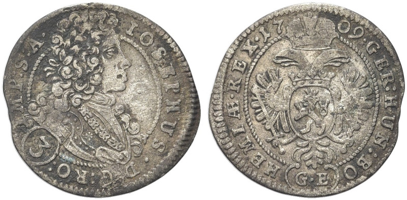 BOEMIA. Giuseppe I, 1705-1711 
3 Kreutzer 1709, Praga. Ag gr. 1,61 Dr. IOSEPHUS...