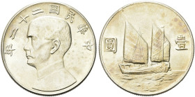 CINA. Repubblica, 1912-1949 
Dollaro 1933 (a. 22). Ag gr. 26,67 Dr. Busto di Sūn Yìxiān (Sun Yat-sen) a s.. Rv. Nave verso d. KM (Y) 345.
FDC