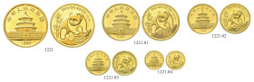 CINA. Repubblica Popolare Cinese, dal 1949 
Serie di 5 valori 1990 Panda, comprendente 100, 50, 25, 10, 5 Yuan. Au gr. 31,1, 15,55, 7,77, 3,11 e 1,55...