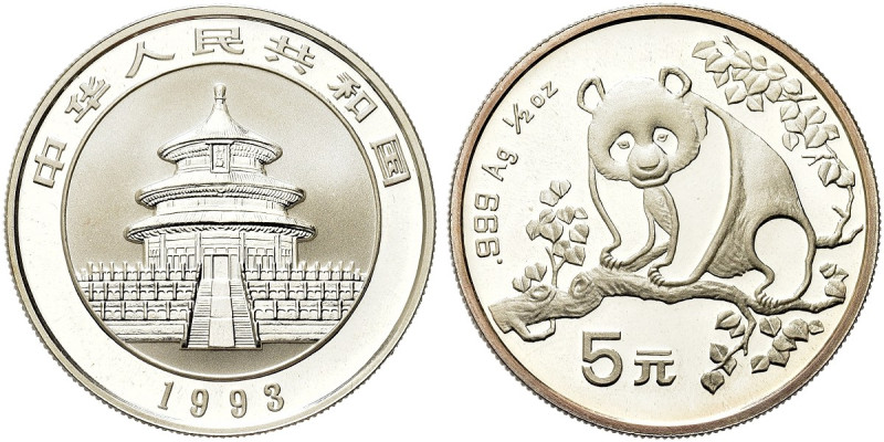 CINA. Repubblica Popolare Cinese, dal 1949 
5 Yuan 1993 Panda. Ag gr. 15,53 Com...