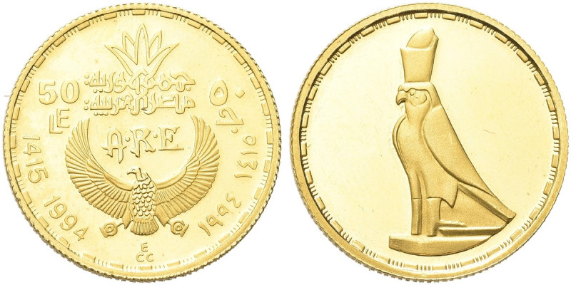 EGITTO. Repubblica Araba, dal 1971 
50 Pounds 1994, Horus. Au gr. 8,52 Dr. Valo...