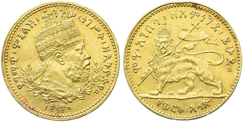 ETIOPIA. Menelik II, 1889-1913 
Mezzo Werk 1889 (1897). Au gr. 2,85 Dr. Testa c...
