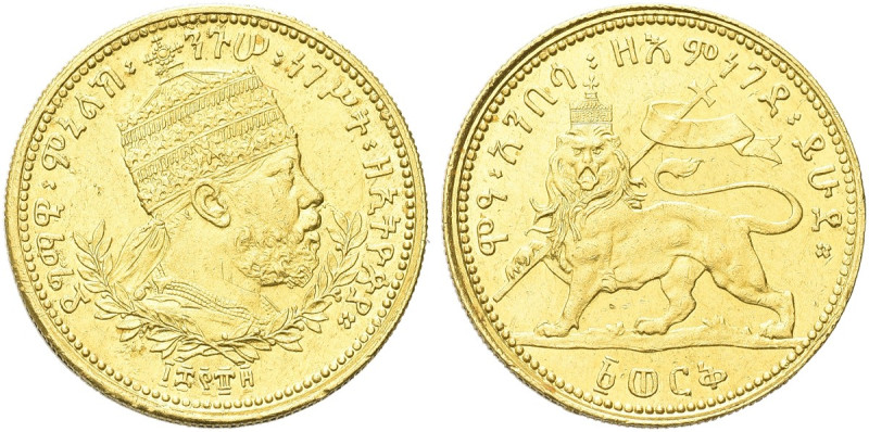 ETIOPIA. Menelik II, 1889-1913 
Werk 1889. Au gr. 5,43 Dr. Testa coronata a d.,...