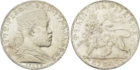 ETIOPIA. Menelik II, 1889-1913 
Birr 1892 (1900). Ag gr. 27,96 Dr. Busto coronato a d. Rv. Leone vessillifero verso s. KM#5.
Più di SPL