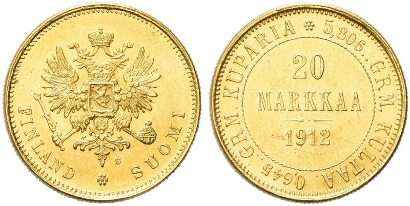 FINLANDIA. Nicola II, 1894-1917 
20 Markaa 1912. Au gr. 6,45 Dr. Aquila bicipit...