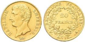 FRANCIA. Napoleone Bonaparte, primo Console, 1799-1804 
20 Franchi an. 12 (1803-1804) A, zecca di Parigi. Au gr. 6,44 Dr. Testa nuda a s. Rv. Valore ...