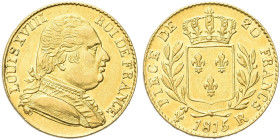 FRANCIA. Luigi XVIII di Borbone, Primo governo 1814-1815 
20 Franchi 1815 R, zecca di Londra. Au gr. 6,40 Dr. Busto a d., in uniforme. Rv. Scudo di F...