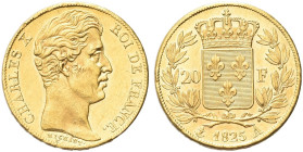 FRANCIA. Carlo X di Borbone, Re di Francia e di Navarra, 1824-1830 
20 Franchi 1825 A, zecca di Parigi. Au gr. 6,45 Dr. Testa nuda a d. Rv. Scudo di ...