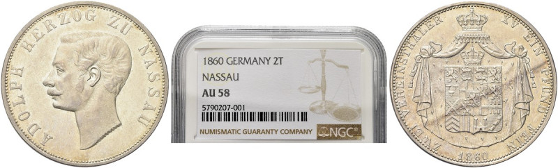 GERMANIA. Adolph, 1839-1866 
Nassau. 2 Vereinstaler 1860. Ag gr. 36,84 Dr. Test...