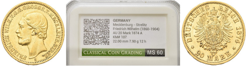 GERMANIA. Friedrich Wilhelm, 1860-1904 
Mecklenburg-Strelitz. 20 Marchi 1874 A....