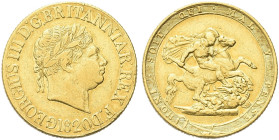 GRAN BRETAGNA. Giorgio III, 1760-1820 
Sterlina 1820, il 2 della data aperto. Au gr. 7,93 Dr. Testa laureata a d. Rv. San Giorgio che trafigge il dra...