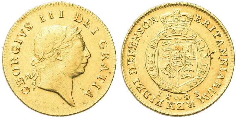 GRAN BRETAGNA. Giorgio III, 1760-1820 
Mezza Guinea 1809 ”Military type”. Au gr...