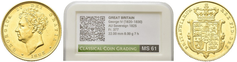 GRAN BRETAGNA. Giorgio IV, 1821-1830 
Sterlina 1825. Au gr. 7,97 Dr. Testa nuda...