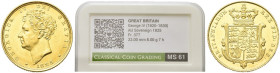 GRAN BRETAGNA. Giorgio IV, 1821-1830 
Sterlina 1825. Au gr. 7,97 Dr. Testa nuda a s. Rv. Stemma coronato, in cornice. KM#682; Marsch 10; Fried. 376....