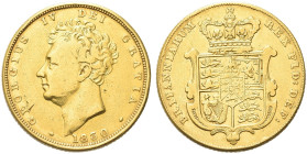 GRAN BRETAGNA. Giorgio IV, 1821-1830 
Sterlina 1830. Au gr. 7,74 Dr. Testa nuda a s. Rv. Stemma coronato in cornice. KM#682; Fried. 376; Marsh 15.
R...